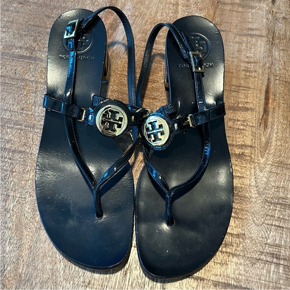 Tory Burch Black Thong Sandals with Gold Accents